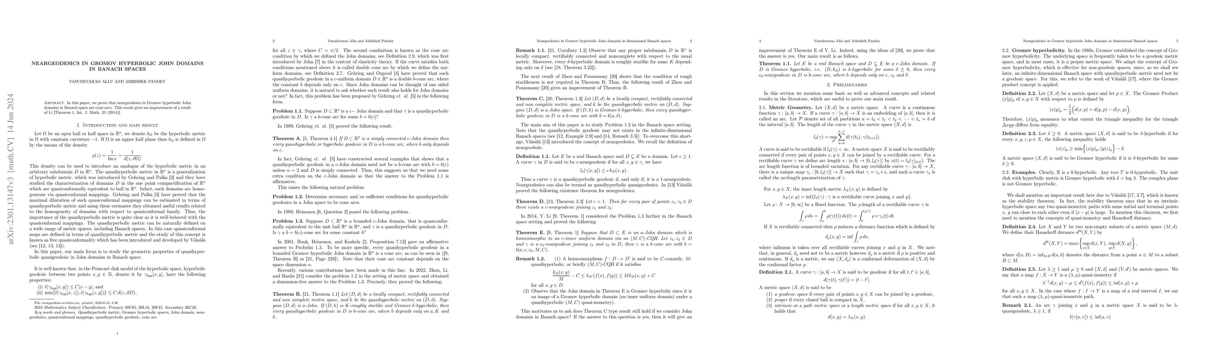 Thumbnail for Neargeodesics in Gromov hyperbolic John domains in Banach spaces