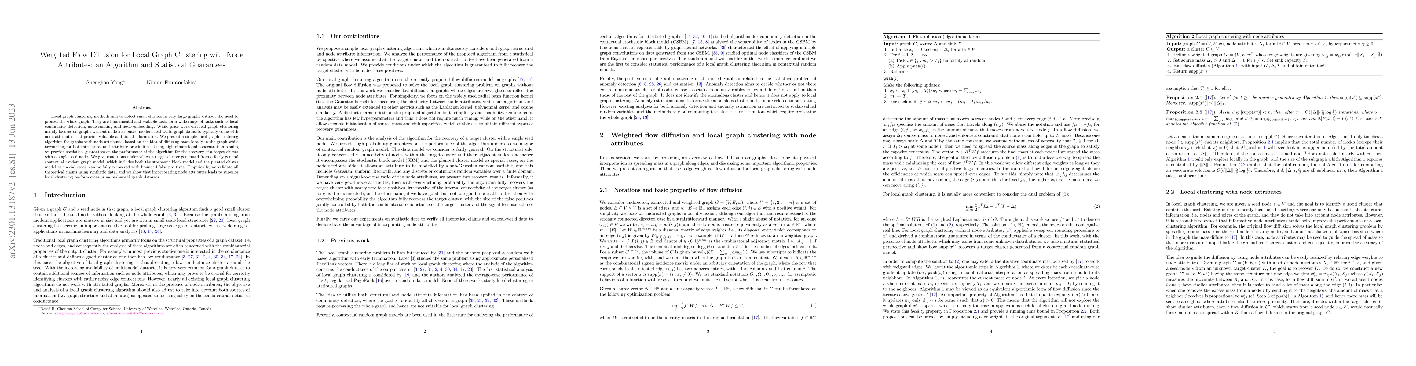 Thumbnail for Weighted Flow Diffusion for Local Graph Clustering with Node Attributes:
  an Algorithm and Statistical Guarantees