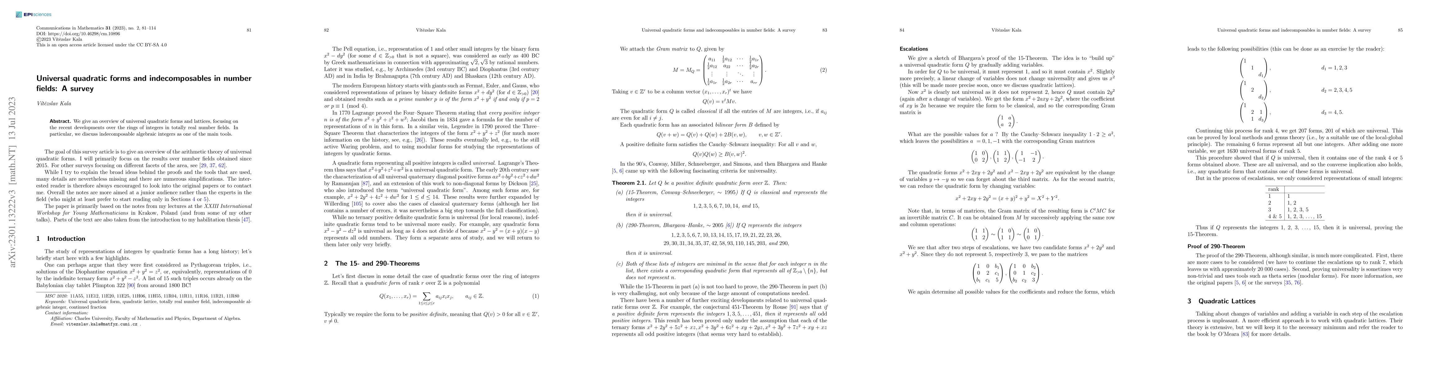 Thumbnail for Universal quadratic forms and indecomposables in number fields: A survey