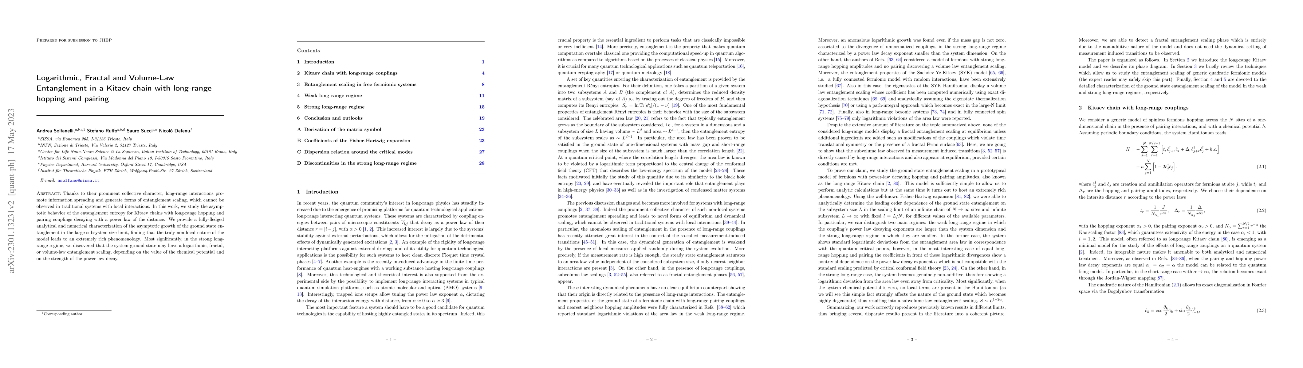 Thumbnail for Logarithmic, Fractal and Volume-Law Entanglement in a Kitaev chain with
  long-range hopping and pairing