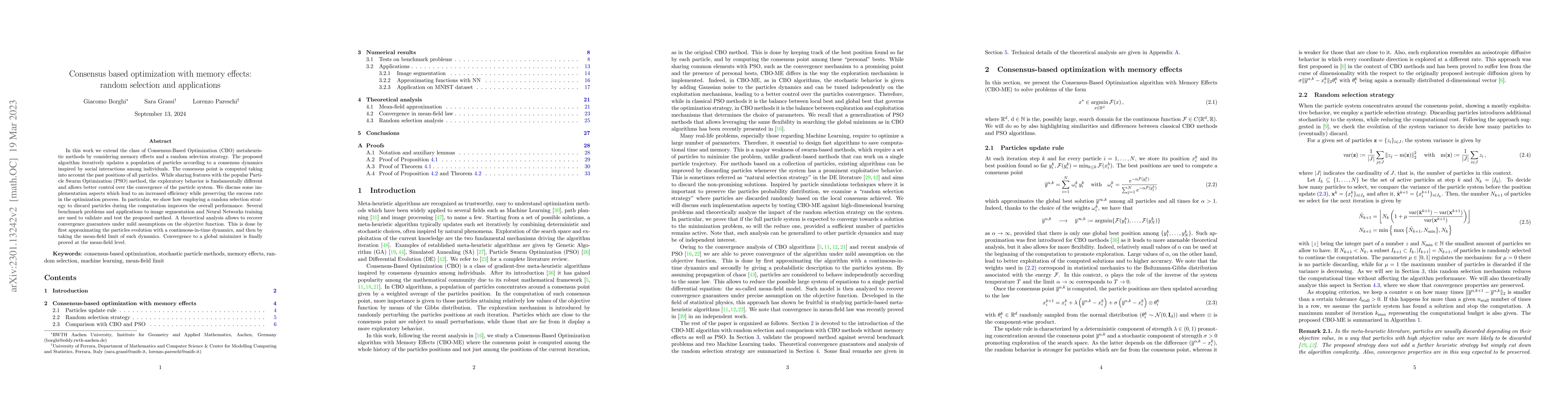 Thumbnail for Consensus based optimization with memory effects: random selection and
  applications