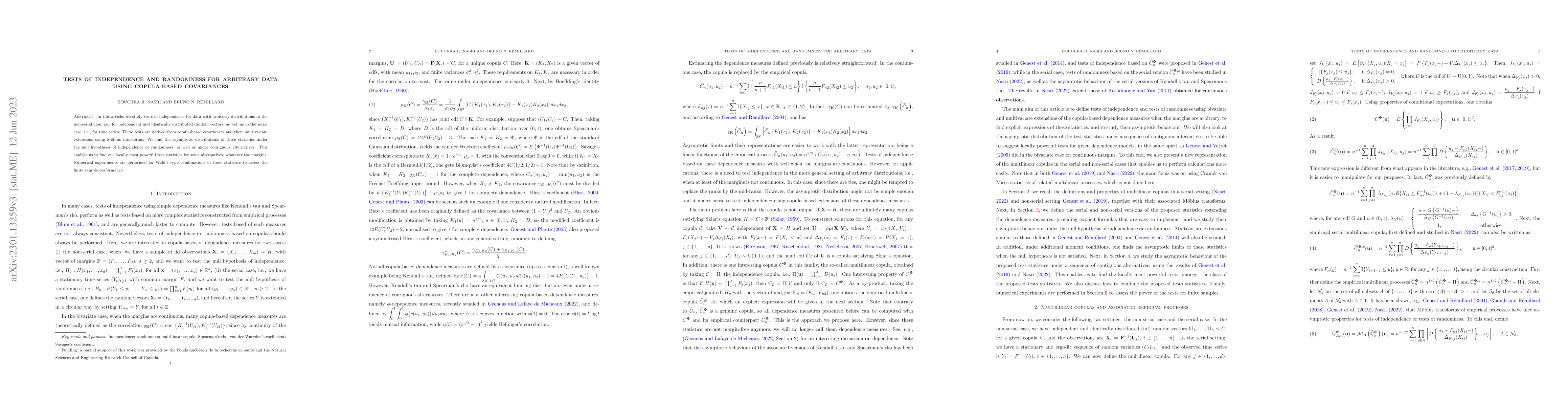 Thumbnail for Tests of independence and randomness for arbitrary data using
  copula-based covariances