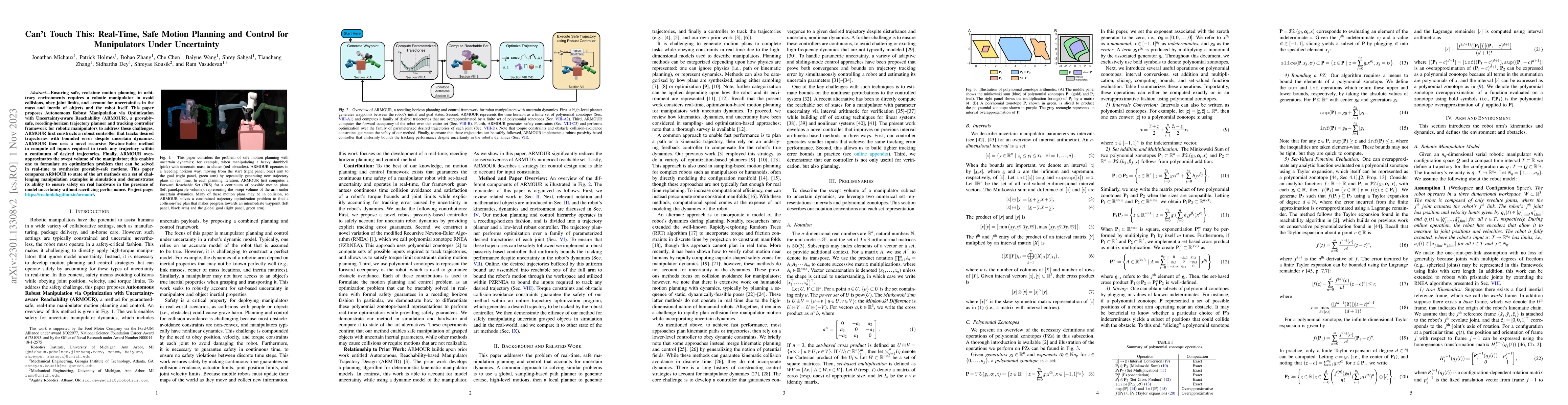 Thumbnail for Can't Touch This: Real-Time, Safe Motion Planning and Control for
  Manipulators Under Uncertainty