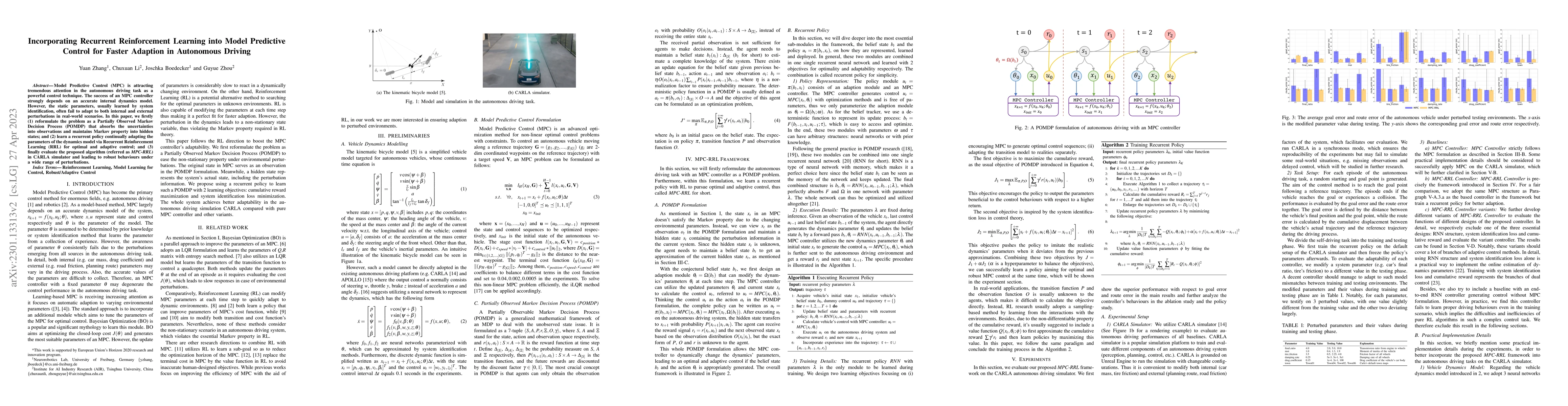 Thumbnail for Incorporating Recurrent Reinforcement Learning into Model Predictive
  Control for Adaptive Control in Autonomous Driving