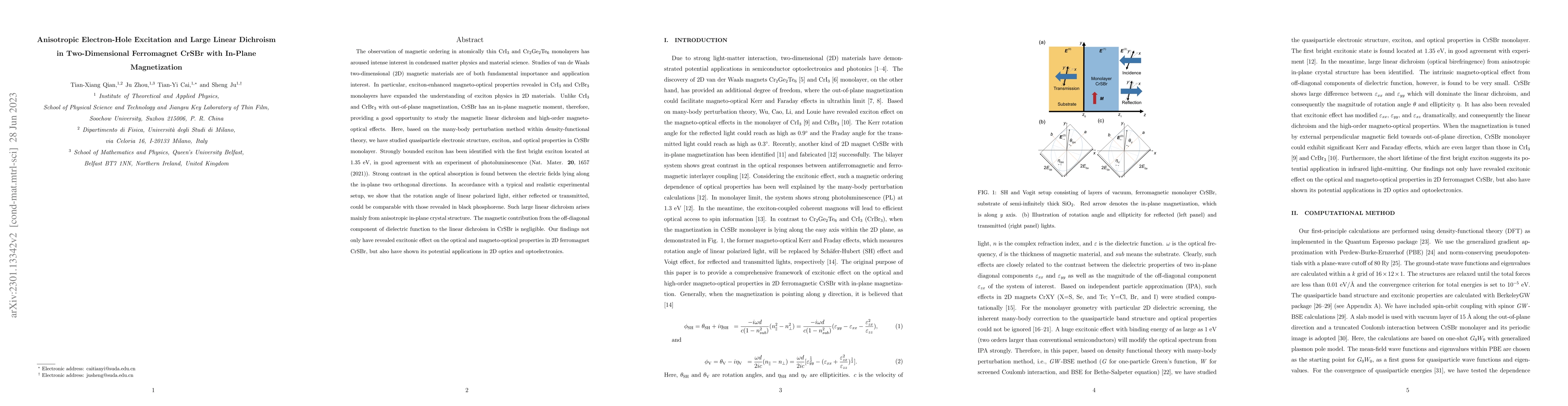 Thumbnail for Anisotropic Electron-Hole Excitation and Large Linear Dichroism in
  Two-Dimensional Ferromagnet CrSBr with In-Plane Magnetization