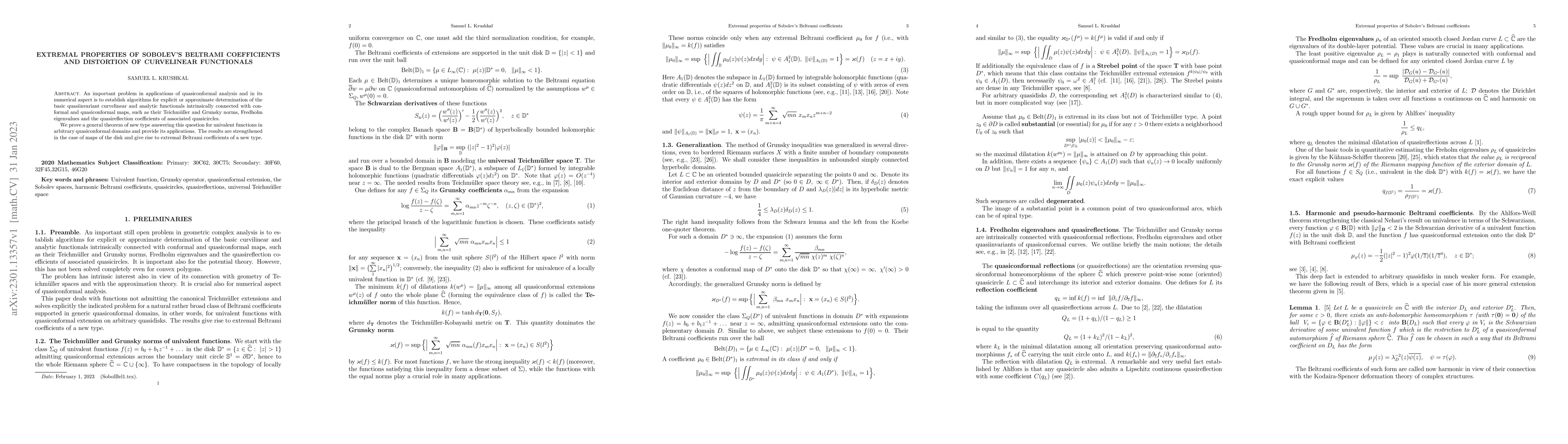 Thumbnail for Extremal properties of Sobolev's Beltrami coefficients and distortion of
  curvelinear functionals