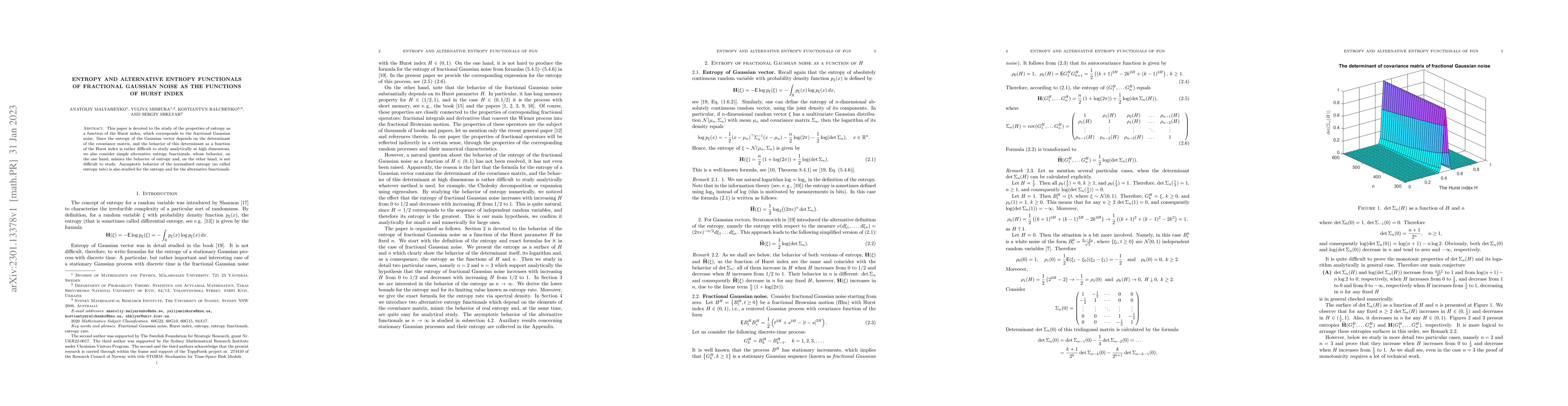 Thumbnail for Entropy and alternative entropy functionals of fractional Gaussian noise
  as the functions of Hurst index
