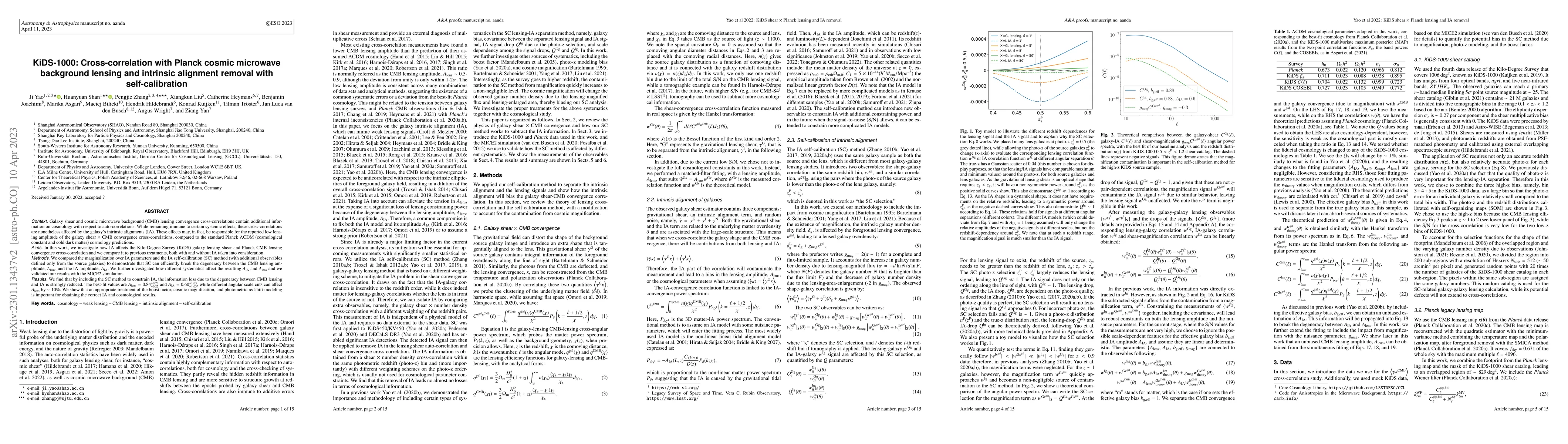Thumbnail for KiDS-1000: cross-correlation with Planck cosmic microwave background
  lensing and intrinsic alignment removal with self-calibration