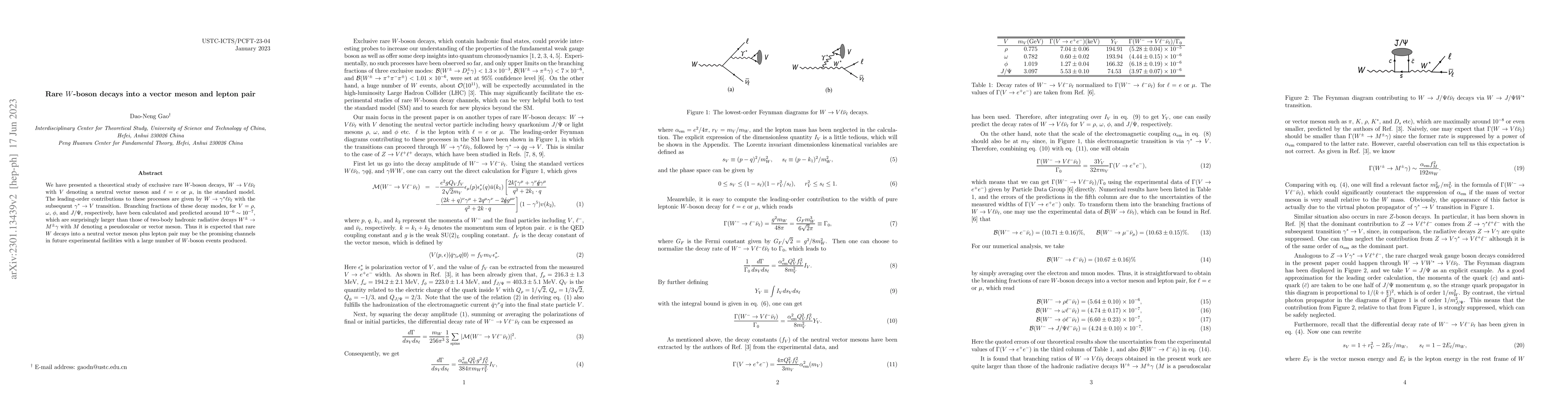 Thumbnail for Rare $W$-boson decays into a vector meson and lepton pair