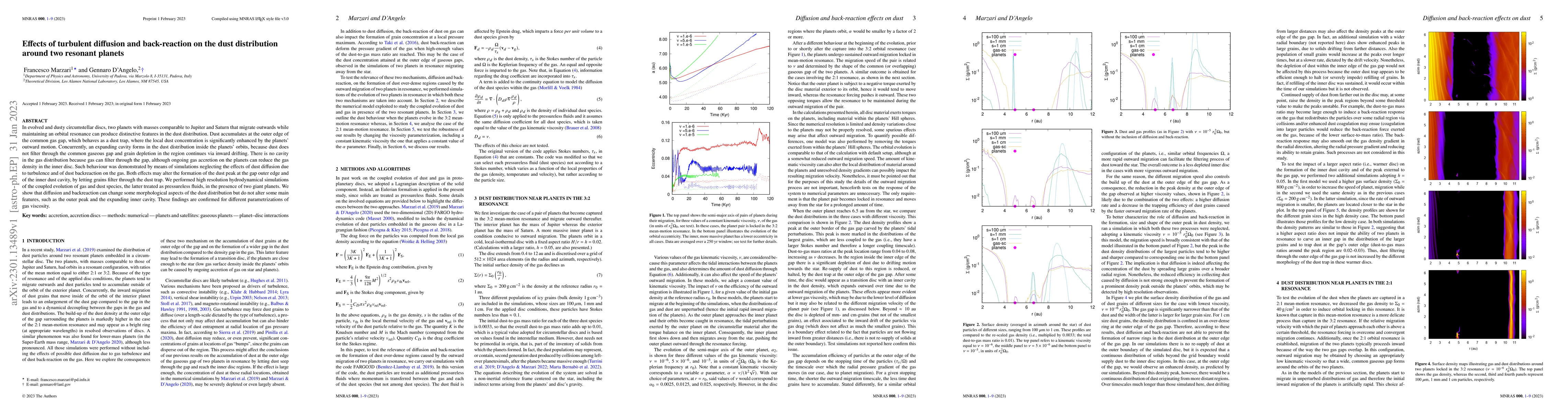 Thumbnail for Effects of turbulent diffusion and back-reaction on the dust
  distribution around two resonant planets