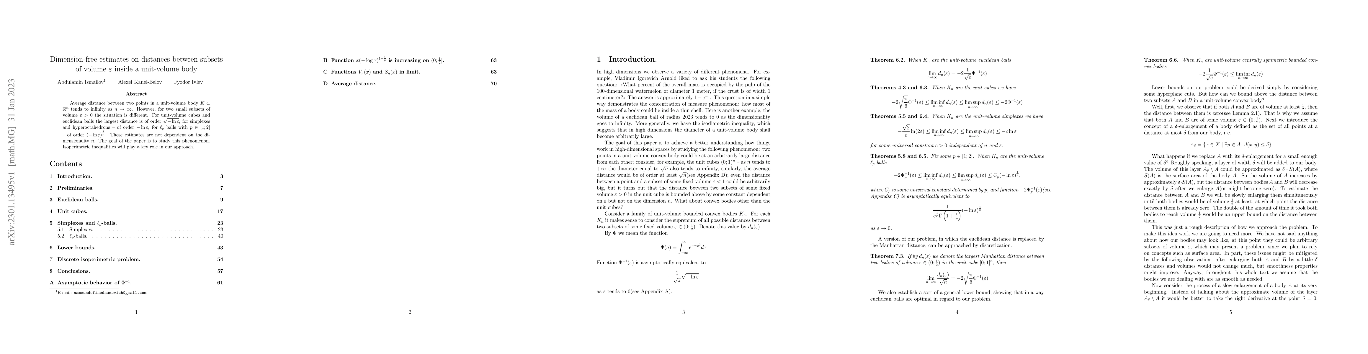 Thumbnail for Dimension-free estimates on distances between subsets of volume
  $\varepsilon$ inside a unit-volume body