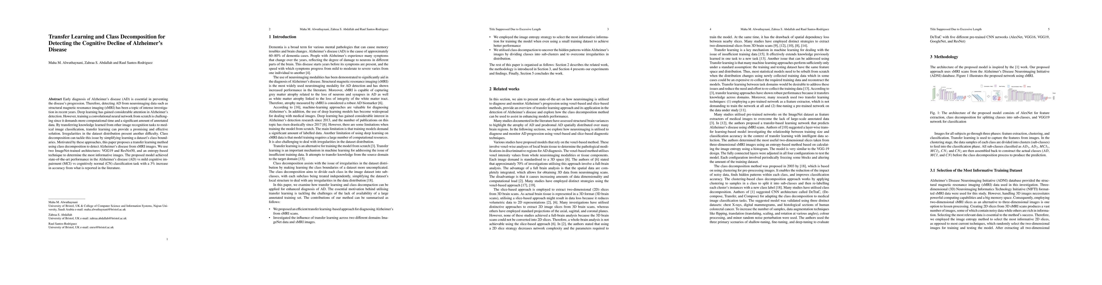 Thumbnail for Transfer Learning and Class Decomposition for Detecting the Cognitive
  Decline of Alzheimer Disease