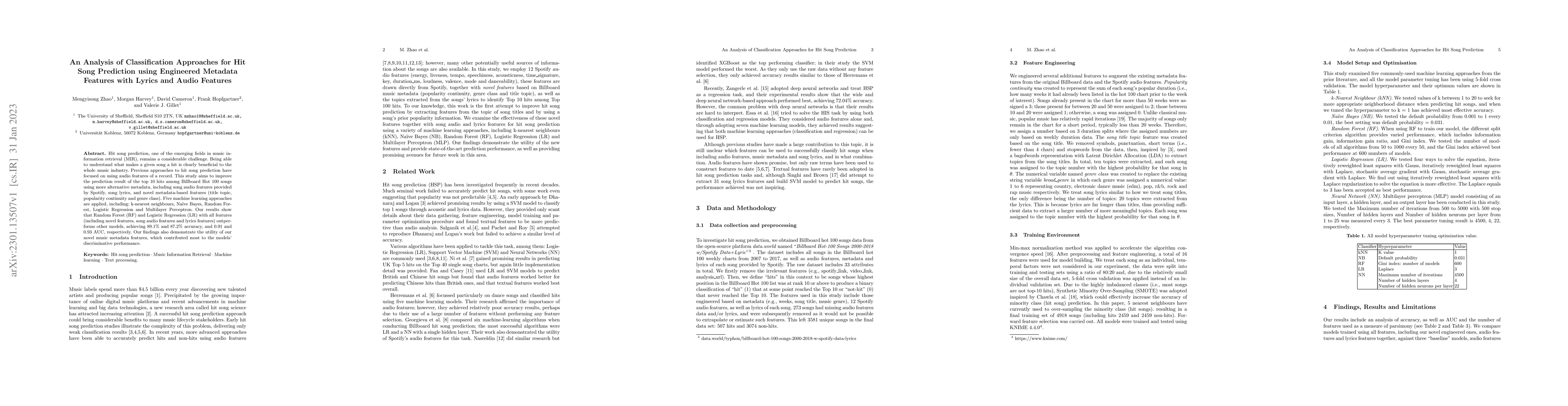 Thumbnail for An Analysis of Classification Approaches for Hit Song Prediction using
  Engineered Metadata Features with Lyrics and Audio Features