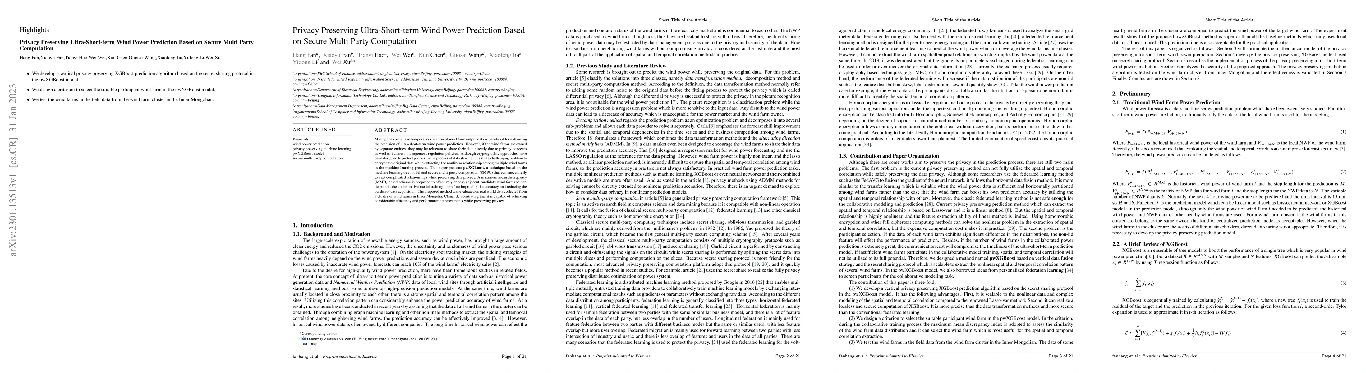 Thumbnail for Privacy Preserving Ultra-Short-term Wind Power Prediction Based on
  Secure Multi Party Computation