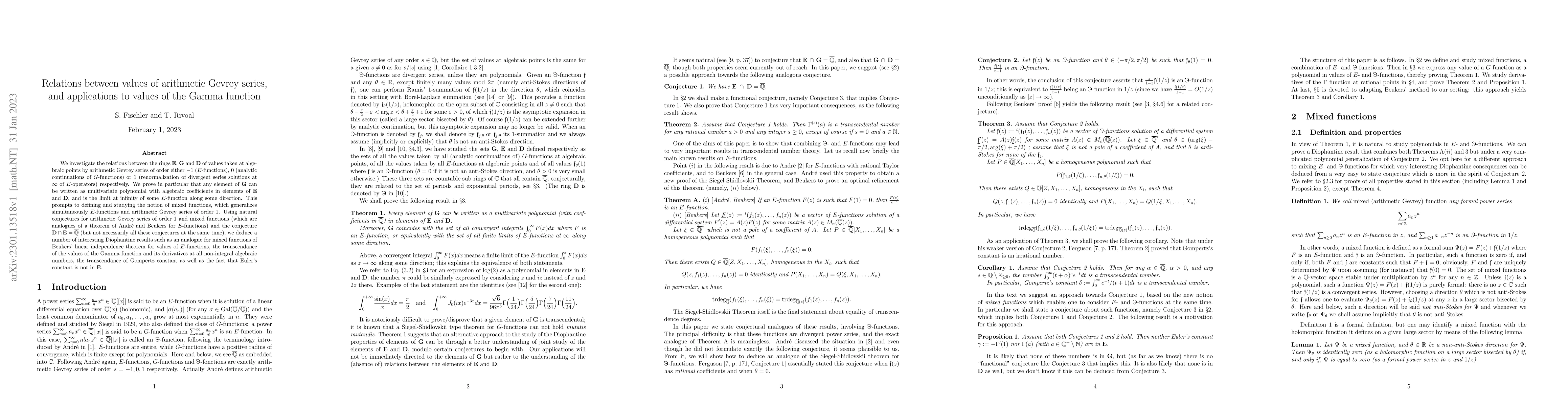 Thumbnail for Relations between values of arithmetic Gevrey series, and applications
  to values of the Gamma function