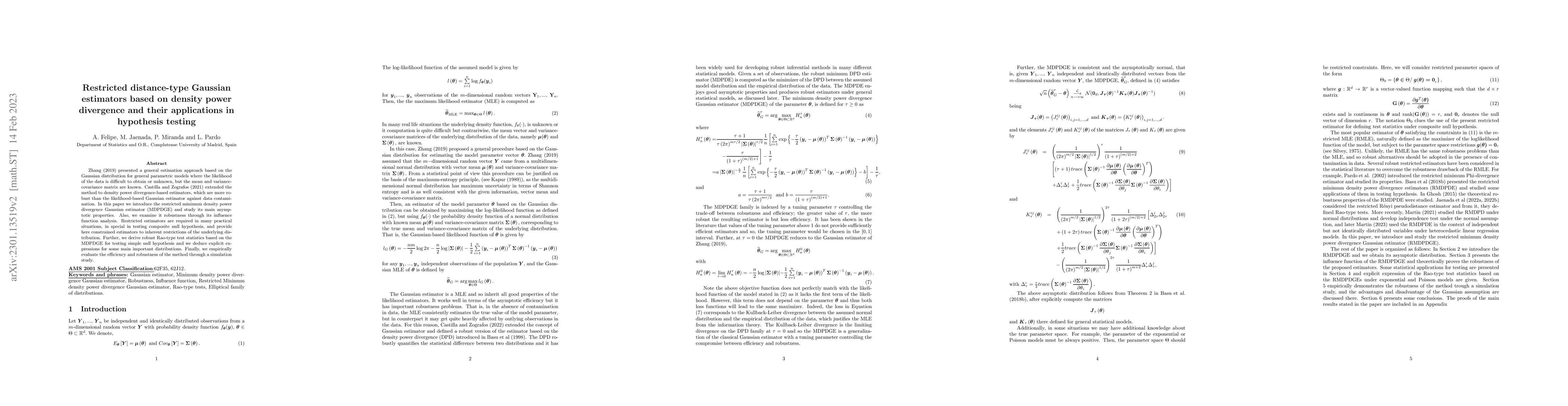Thumbnail for Restricted distance-type Gaussian estimators based on density power
  divergence and their applications in hypothesis testing