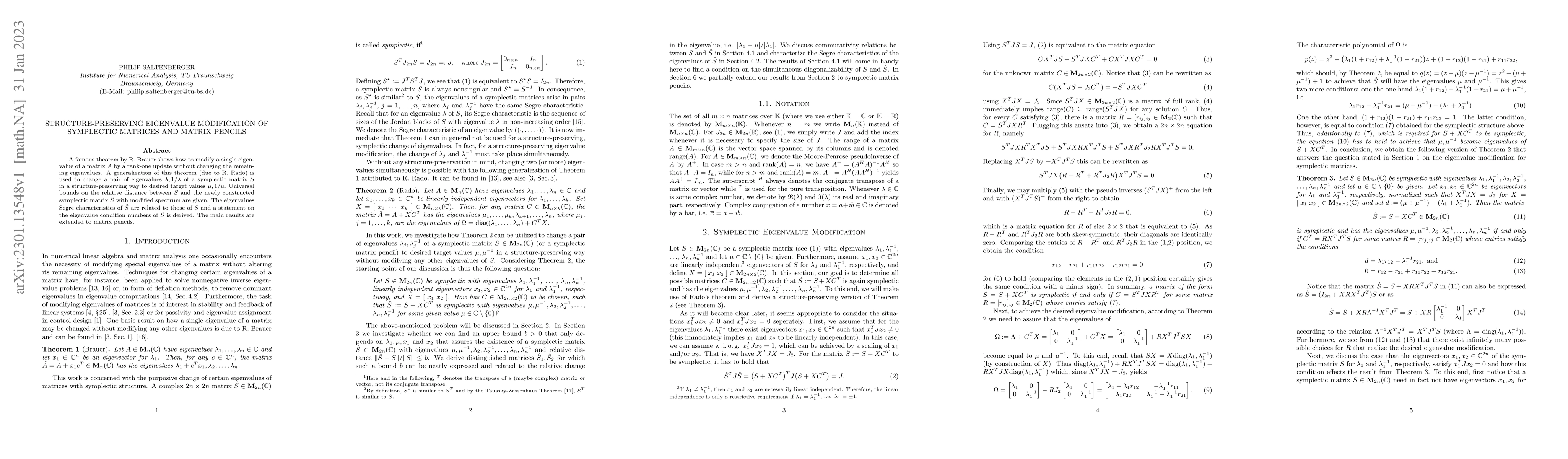 Thumbnail for Structure-preserving eigenvalue modification of symplectic matrices and
  matrix pencils
