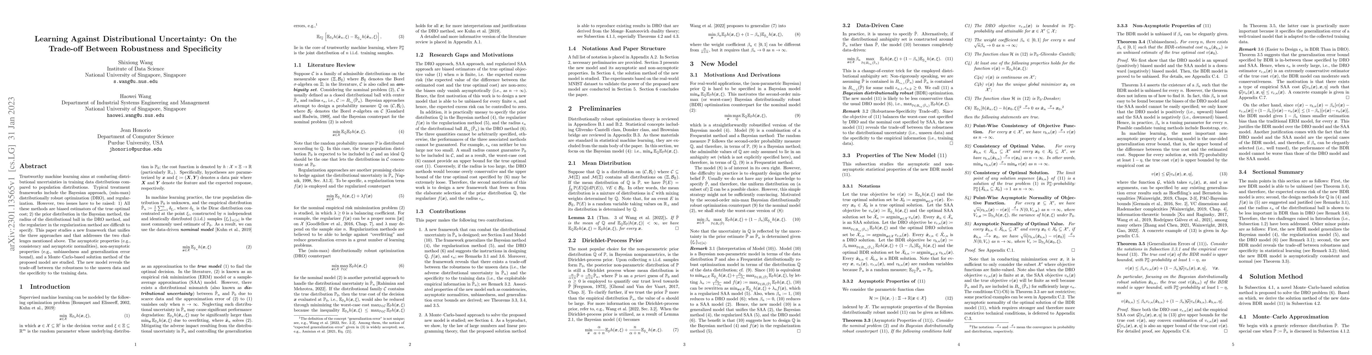 Thumbnail for Learning Against Distributional Uncertainty: On the Trade-off Between
  Robustness and Specificity