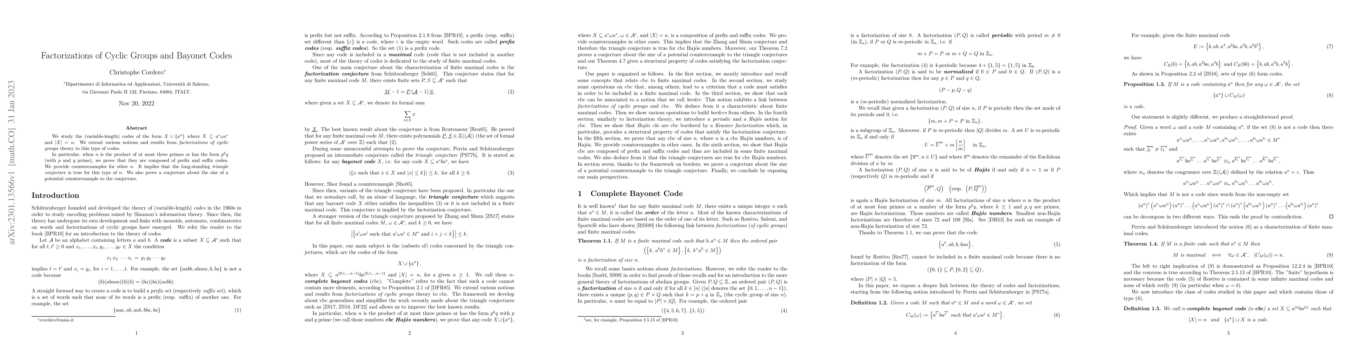 Thumbnail for Factorizations of Cyclic Groups and Bayonet Codes