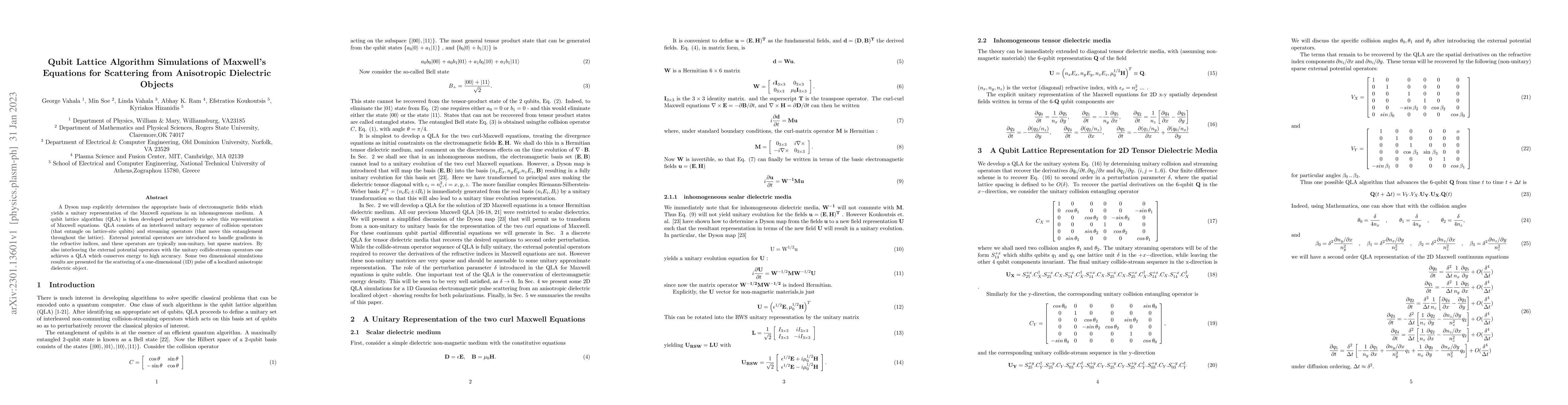Thumbnail for Qubit Lattice Algorithm Simulations of Maxwell's Equations for
  Scattering from Anisotropic Dielectric Objects