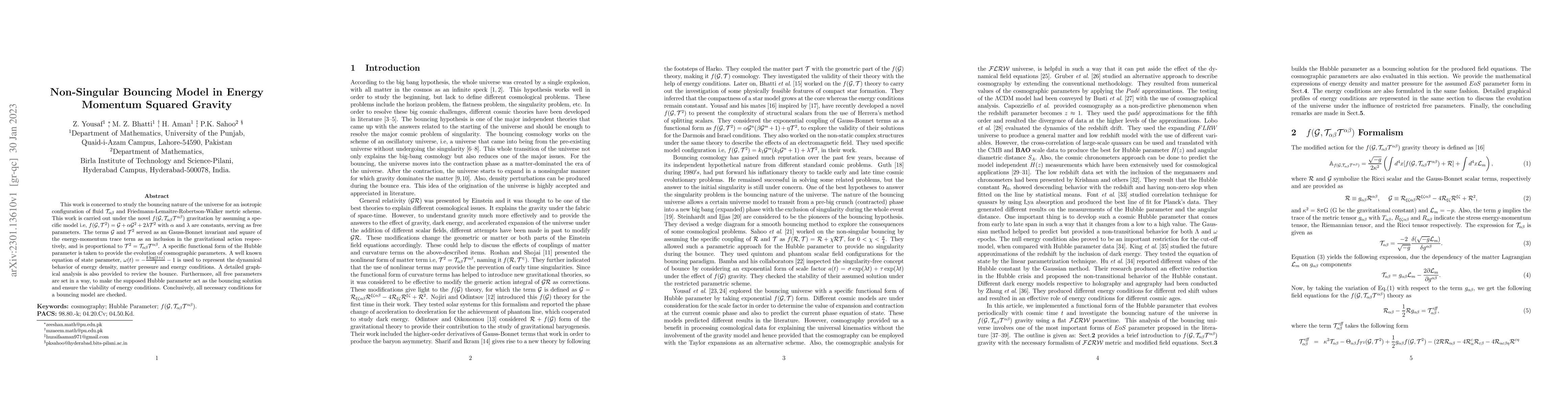 Thumbnail for Non-Singular Bouncing Model in Energy Momentum Squared Gravity