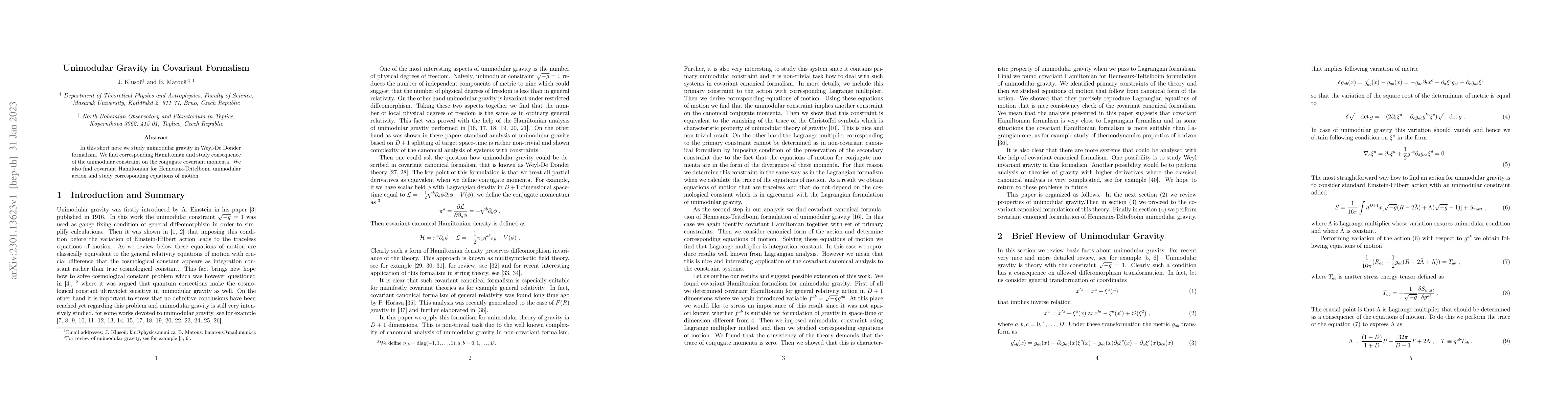 Thumbnail for Unimodular Gravity in Covariant Formalism
