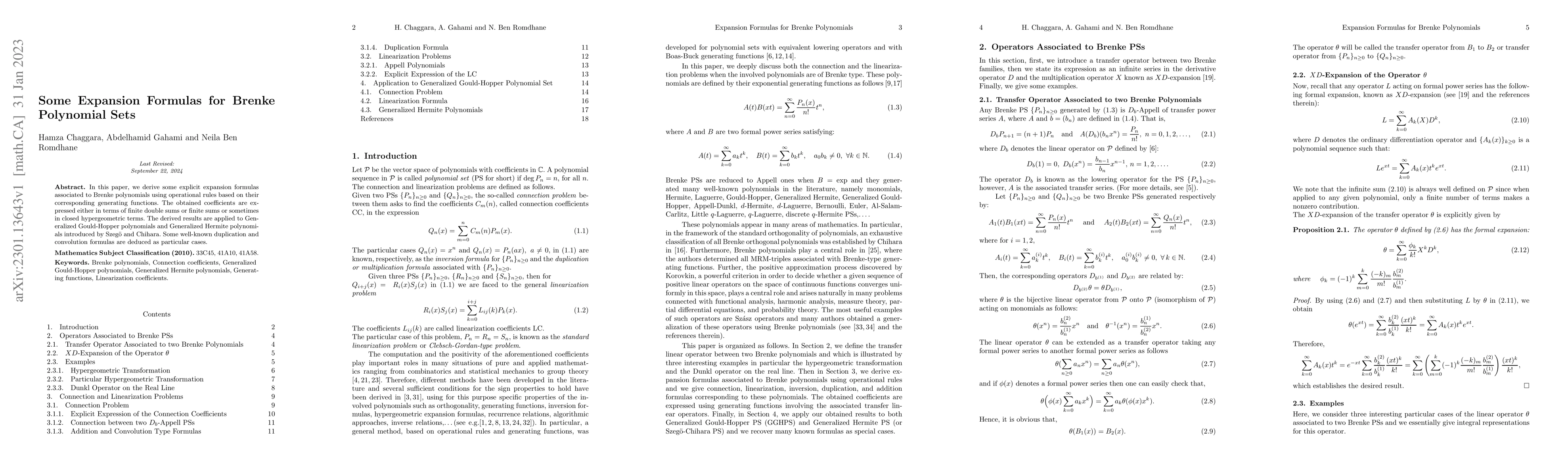 Thumbnail for Some Expansion Formulas for Brenke Polynomial Sets