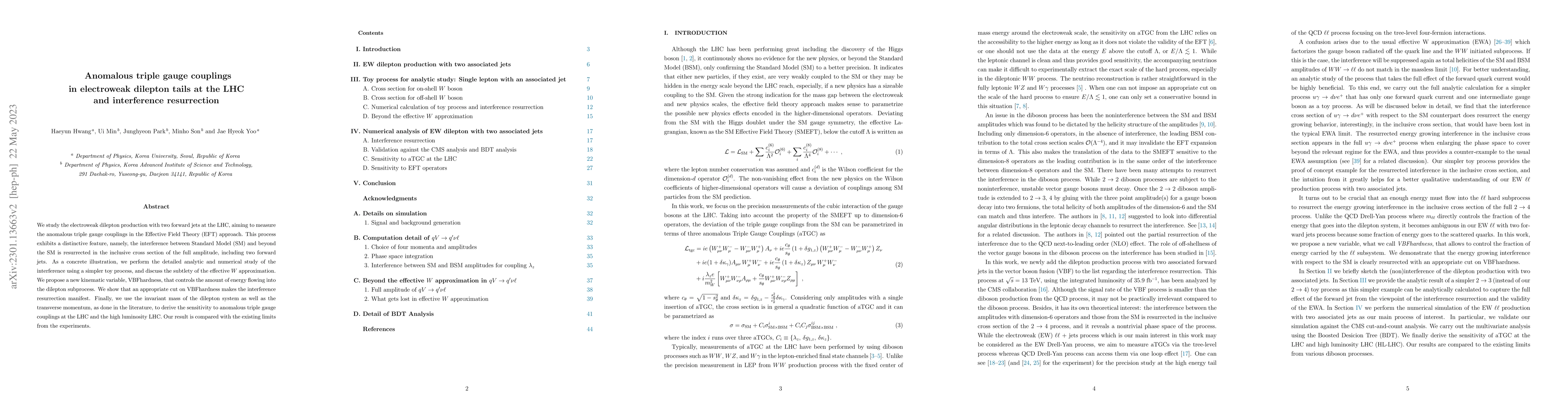 Thumbnail for Anomalous triple gauge couplings in electroweak dilepton tails at the
  LHC and interference resurrection