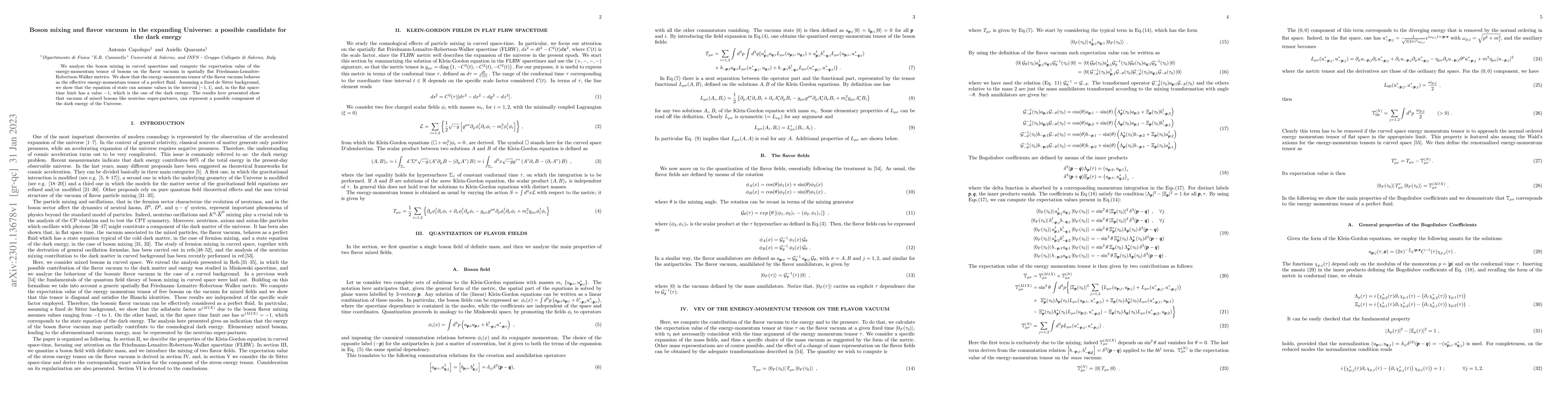 Thumbnail for Boson mixing and flavor vacuum in the expanding Universe: a possible
  candidate for the dark energy