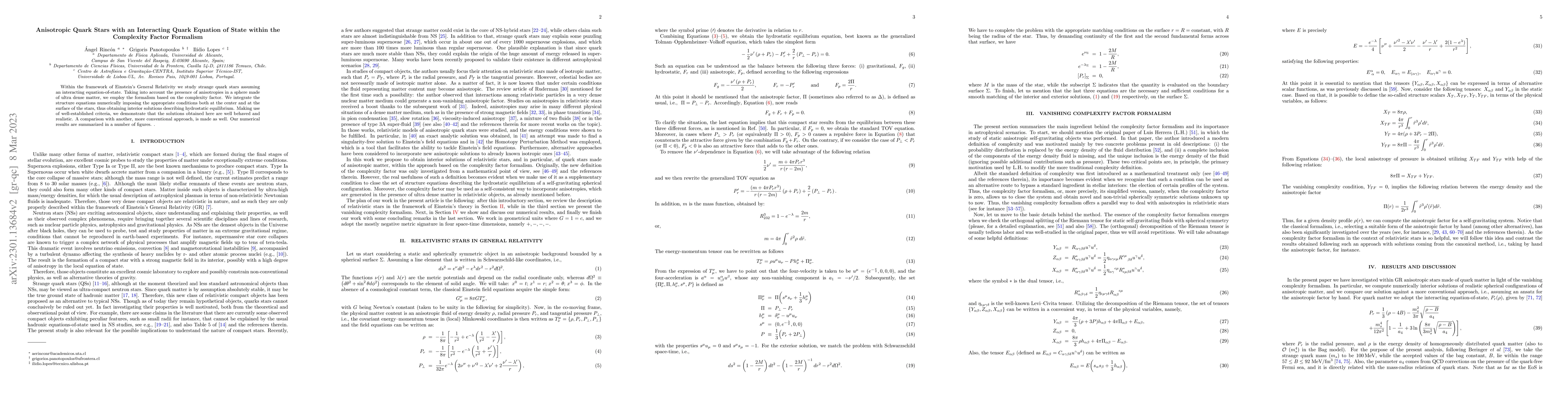 Thumbnail for Anisotropic Quark Stars with an Interacting Quark Equation of State
  within the Complexity Factor Formalism