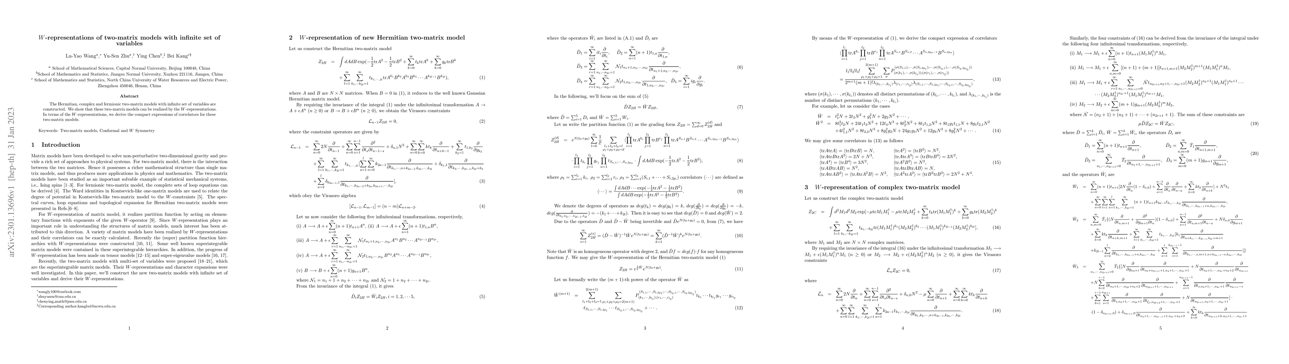 Thumbnail for $W$-representations of two-matrix models with infinite set of variables