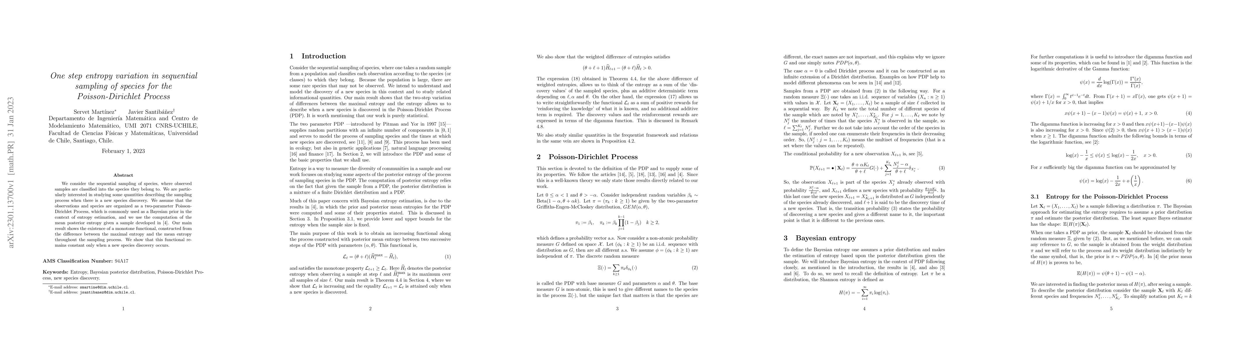 Thumbnail for One step entropy variation in sequential sampling of species for the
  Poisson-Dirichlet Process