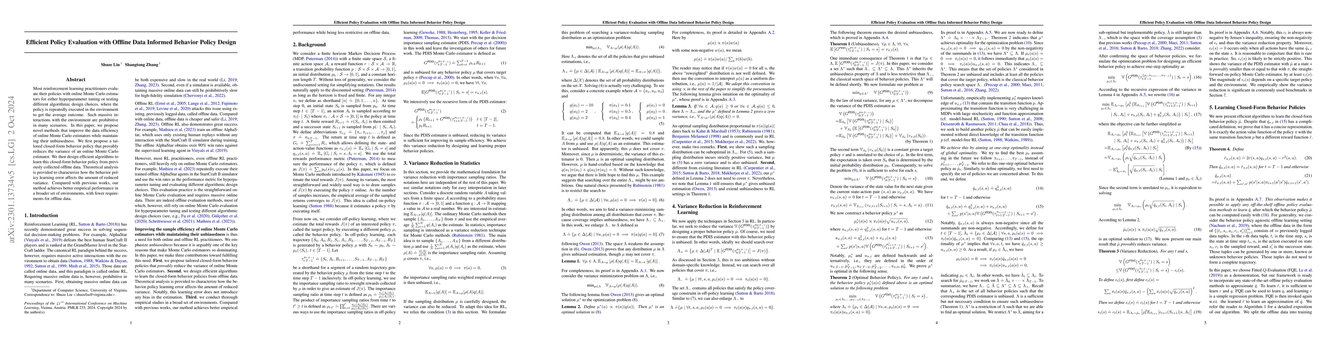 Thumbnail for Efficient Policy Evaluation with Offline Data Informed Behavior Policy
  Design
