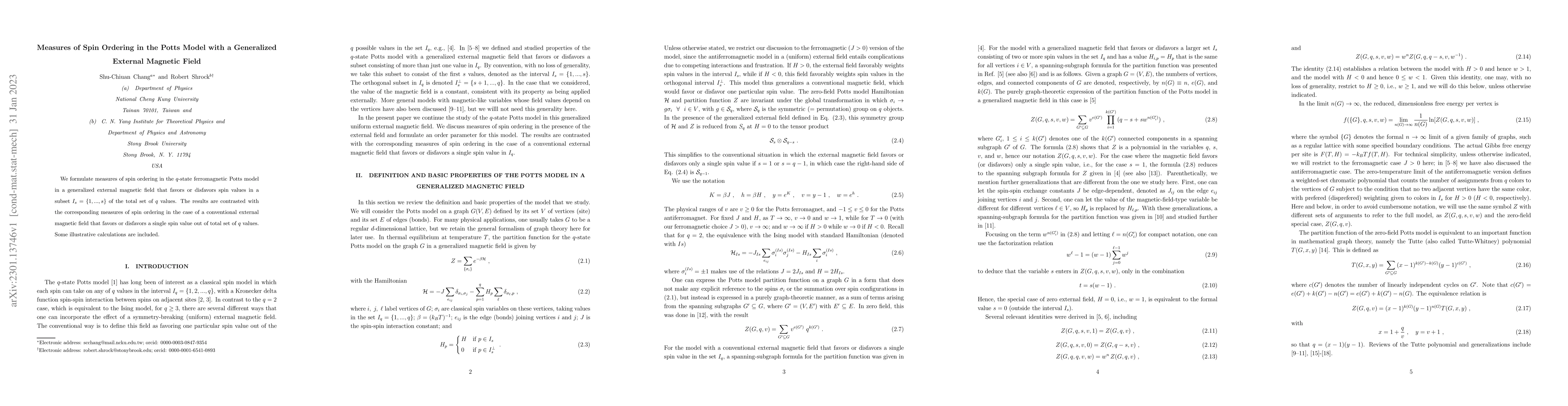 Thumbnail for Measures of Spin Ordering in the Potts Model with a Generalized External
  Magnetic Field