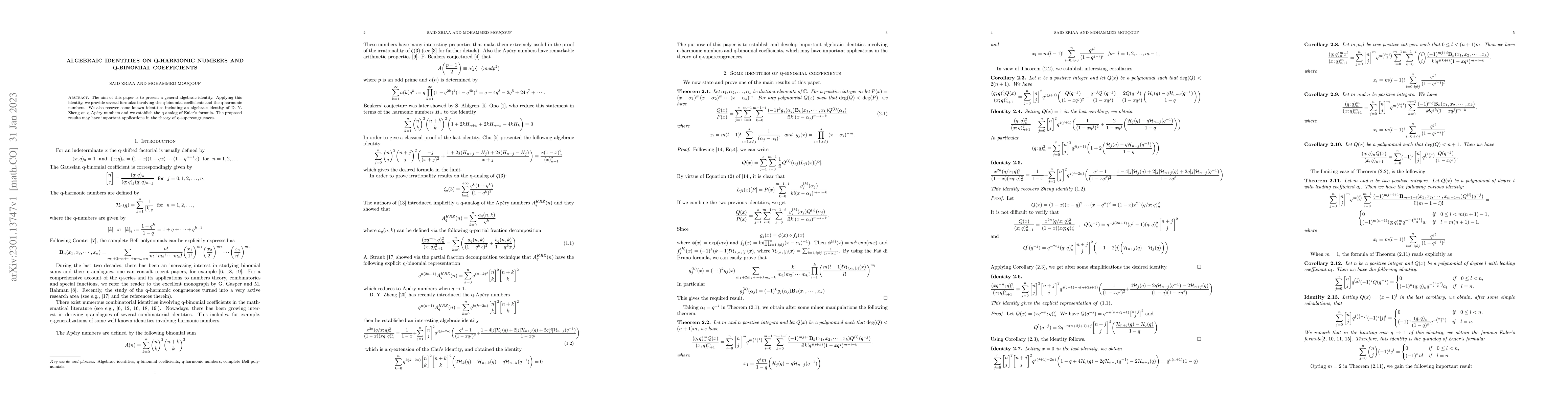 Thumbnail for Algebraic identities on q-harmonic numbers and q-binomial coefficients