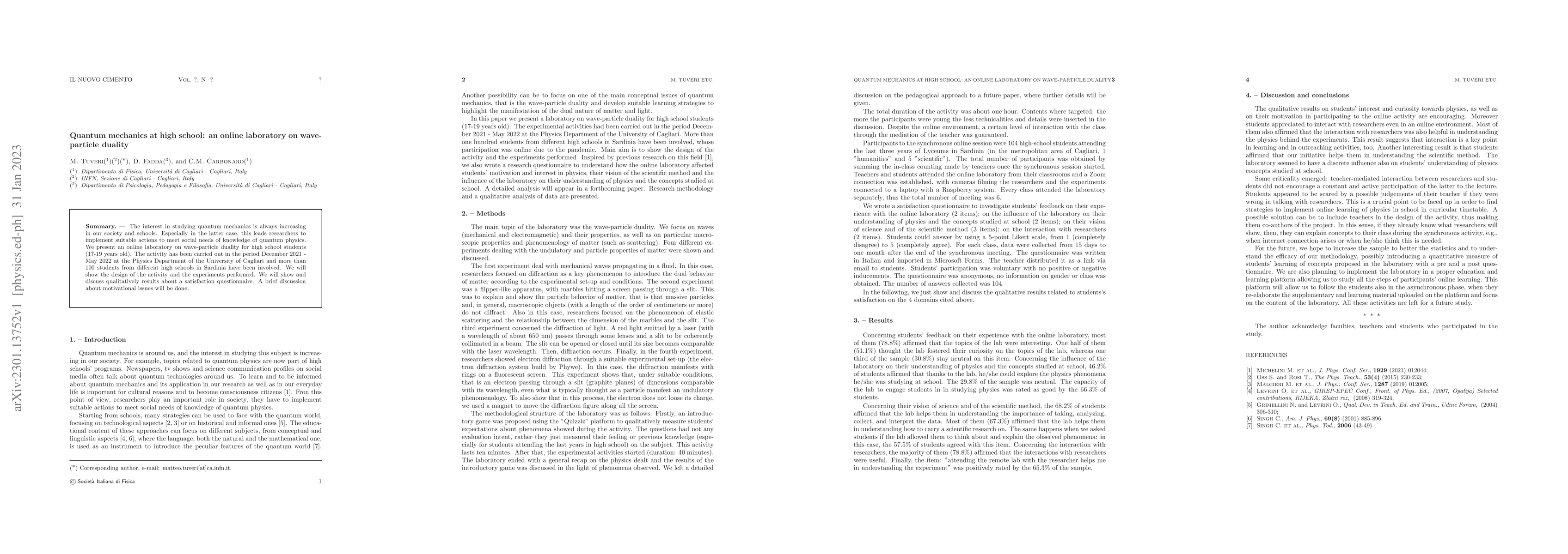 Thumbnail for Quantum mechanics at high school: an online laboratory on wave-particle
  duality