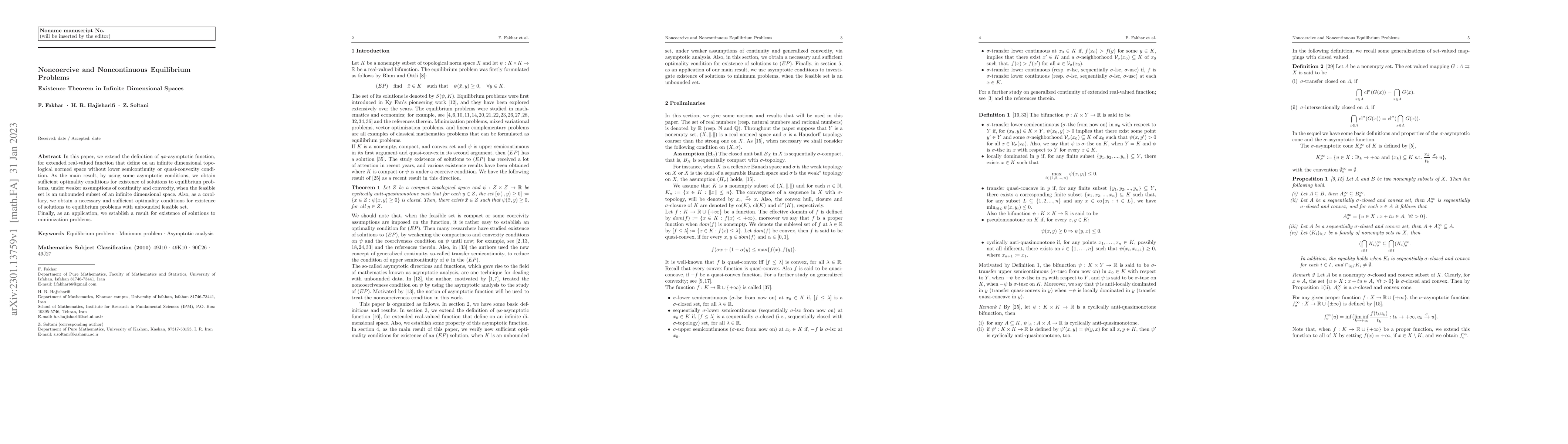 Thumbnail for Noncoercive and Noncontinuous Equilibrium Problems (Existence Theorem in
  Infinite Dimensional Spaces)