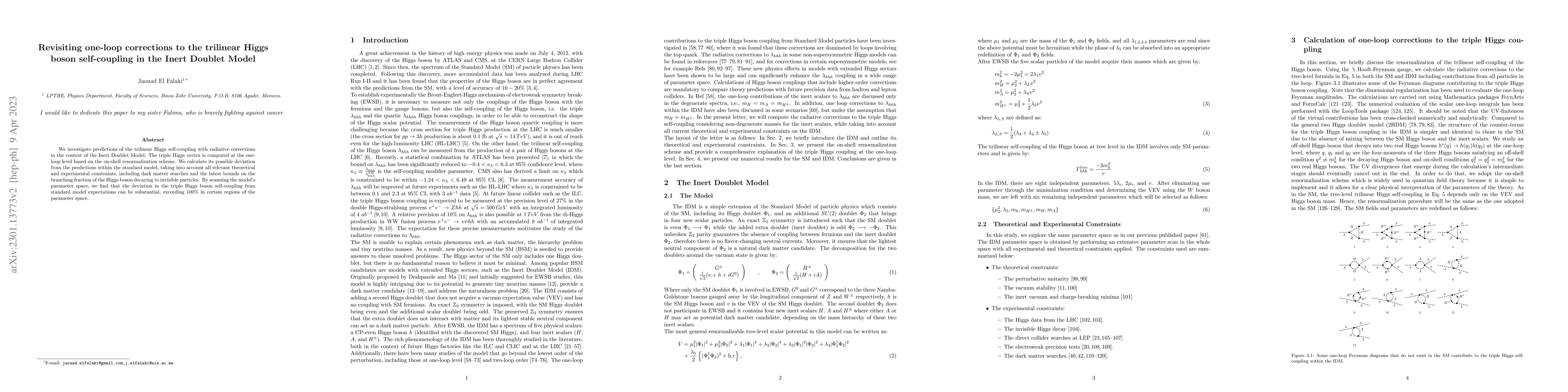 Thumbnail for Revisiting one-loop corrections to the trilinear Higgs boson
  self-coupling in the Inert Doublet Model