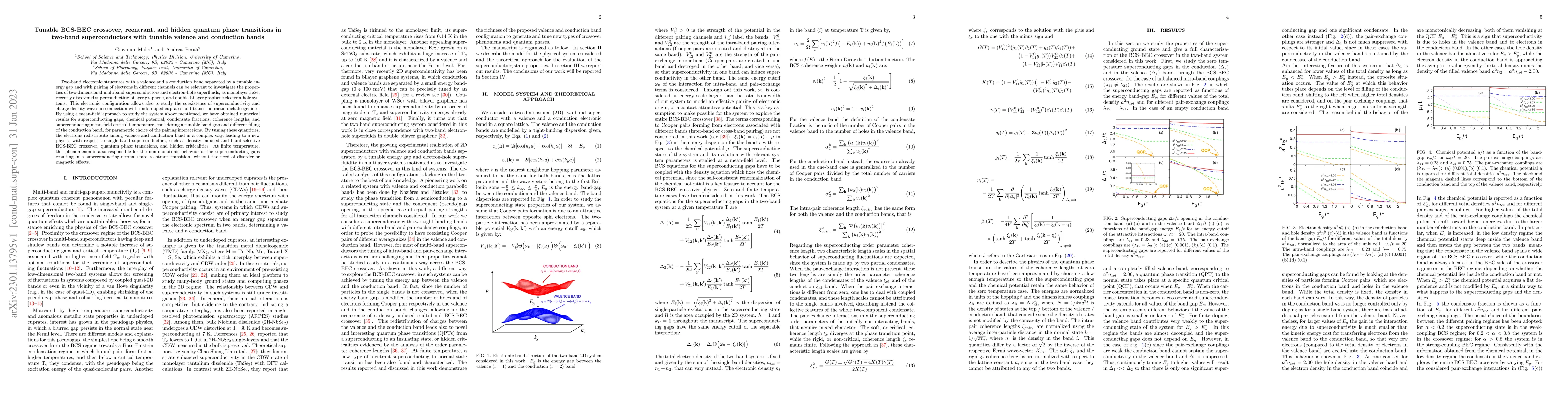Thumbnail for Tunable BCS-BEC crossover, reentrant, and hidden quantum phase
  transitions in two-band superconductors with tunable valence and conduction
  bands