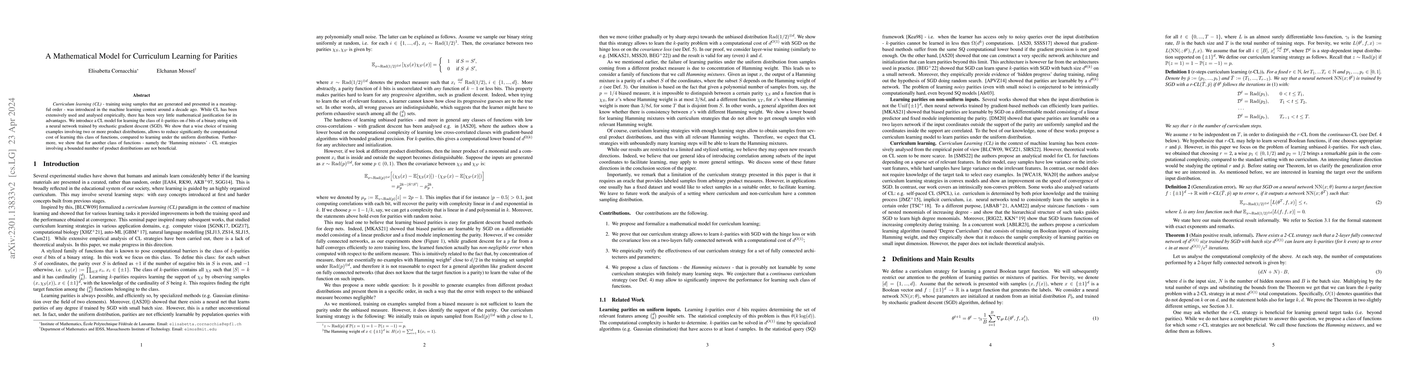 Thumbnail for A Mathematical Model for Curriculum Learning for Parities