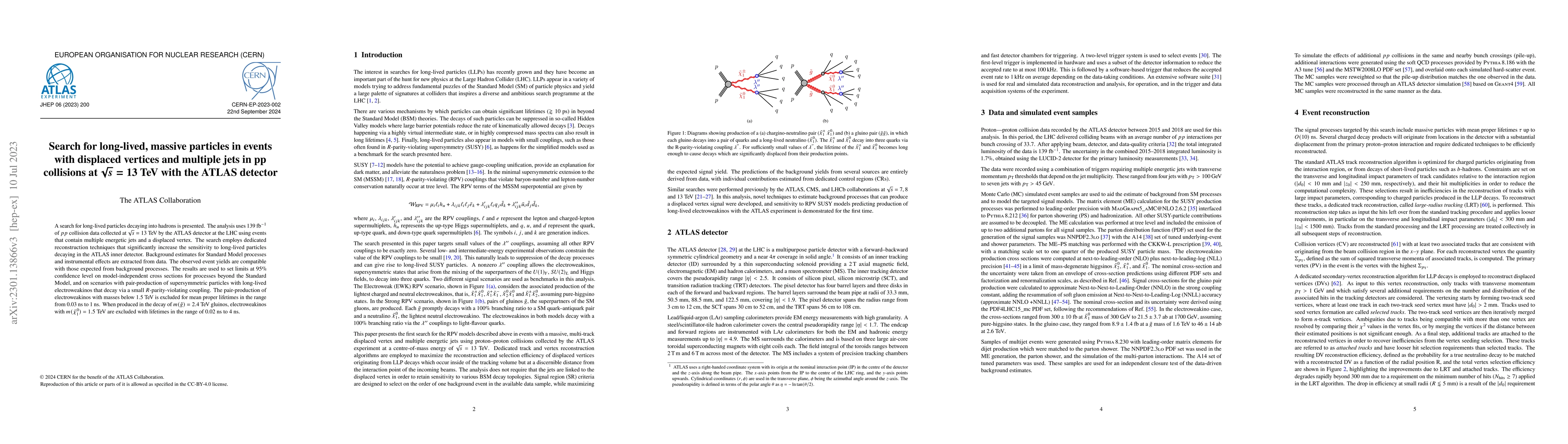 Thumbnail for Search for long-lived, massive particles in events with displaced
  vertices and multiple jets in $pp$ collisions at $\sqrt{s} = 13$ TeV with the
  ATLAS detector