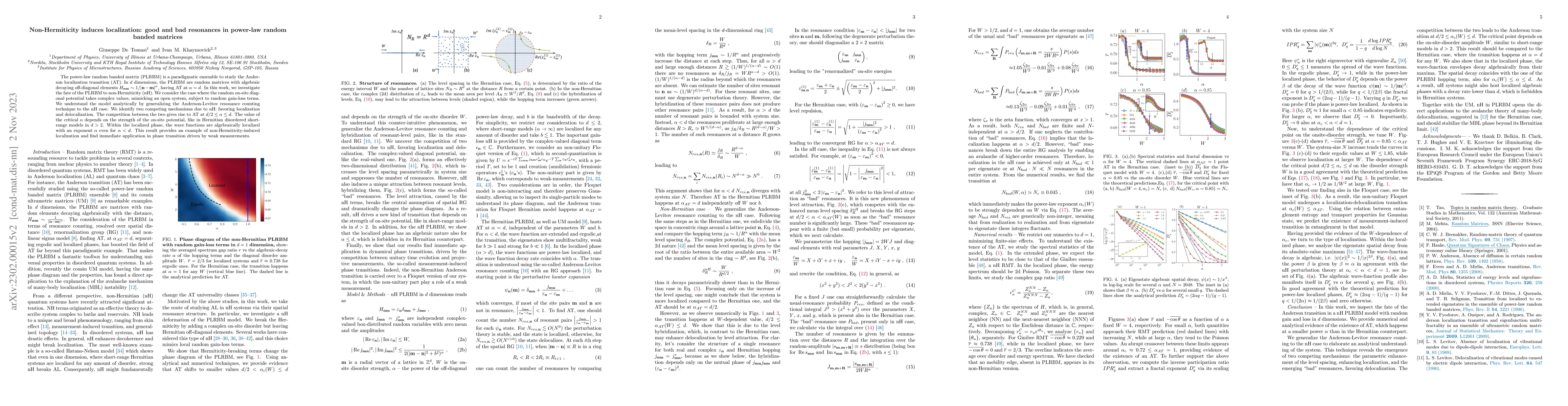 Thumbnail for Non-Hermiticity induces localization: good and bad resonances in
  power-law random banded matrices