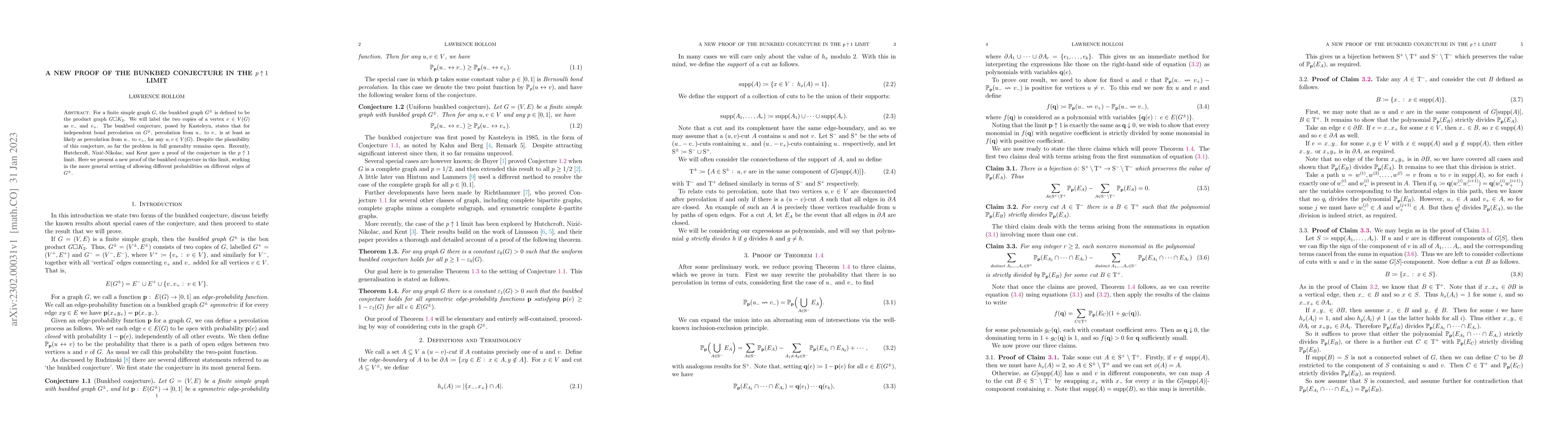 Thumbnail for A new proof of the bunkbed conjecture in the $p\uparrow 1$ limit