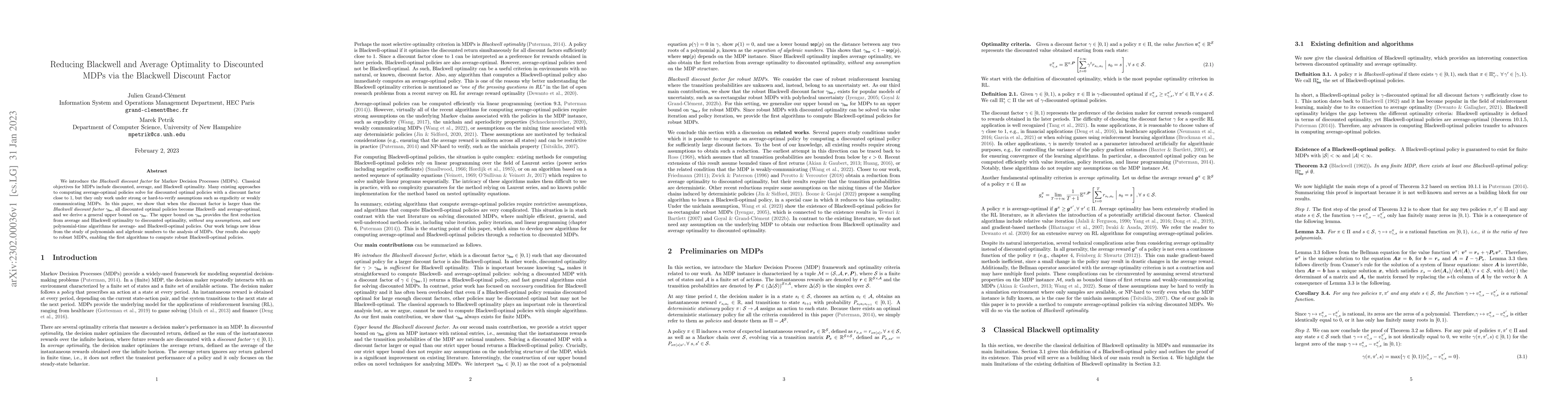 Thumbnail for Reducing Blackwell and Average Optimality to Discounted MDPs via the
  Blackwell Discount Factor