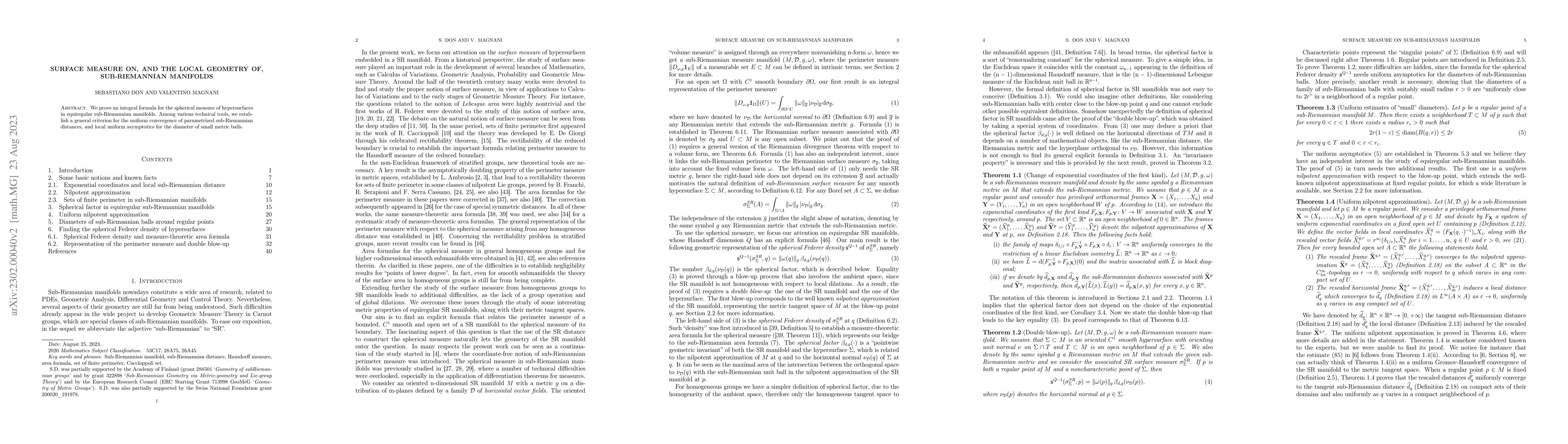 Thumbnail for Surface measure on, and the local geometry of, sub-Riemannian manifolds