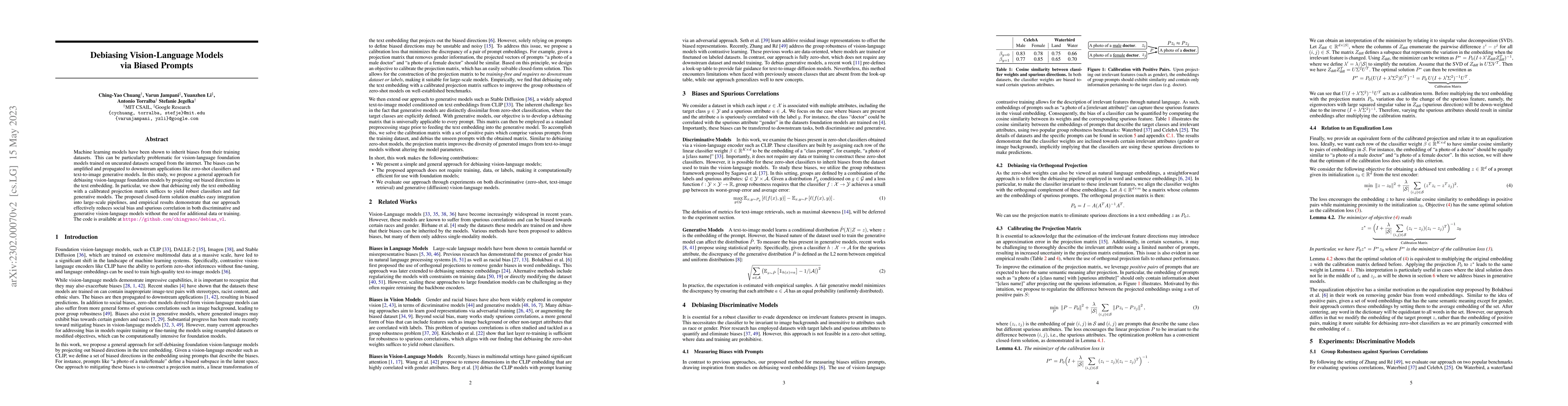 Thumbnail for Debiasing Vision-Language Models via Biased Prompts