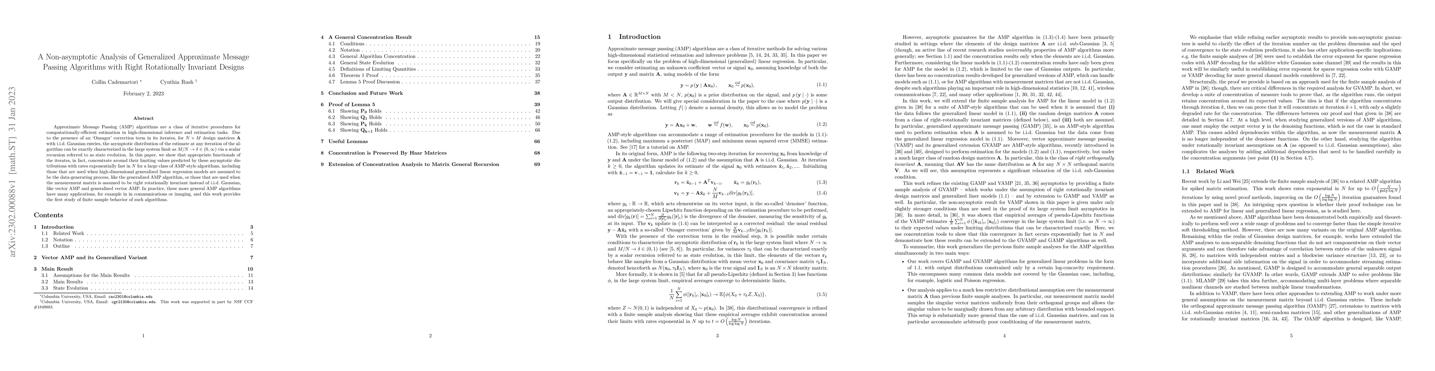 Thumbnail for A Non-asymptotic Analysis of Generalized Approximate Message Passing
  Algorithms with Right Rotationally Invariant Designs