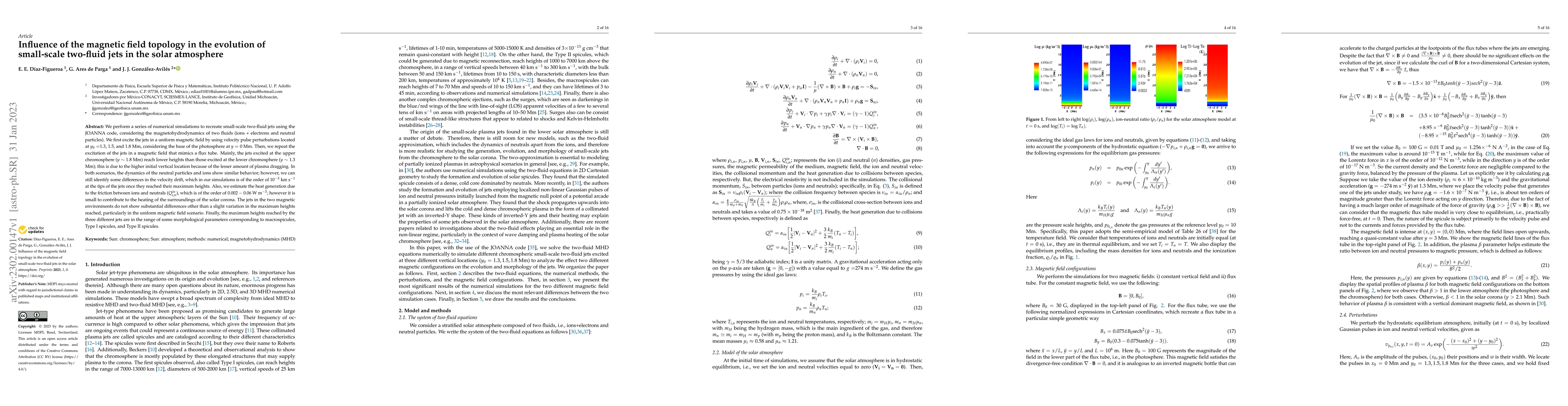 Thumbnail for Influence of the magnetic field topology in the evolution of small-scale
  two-fluid jets in the solar atmosphere