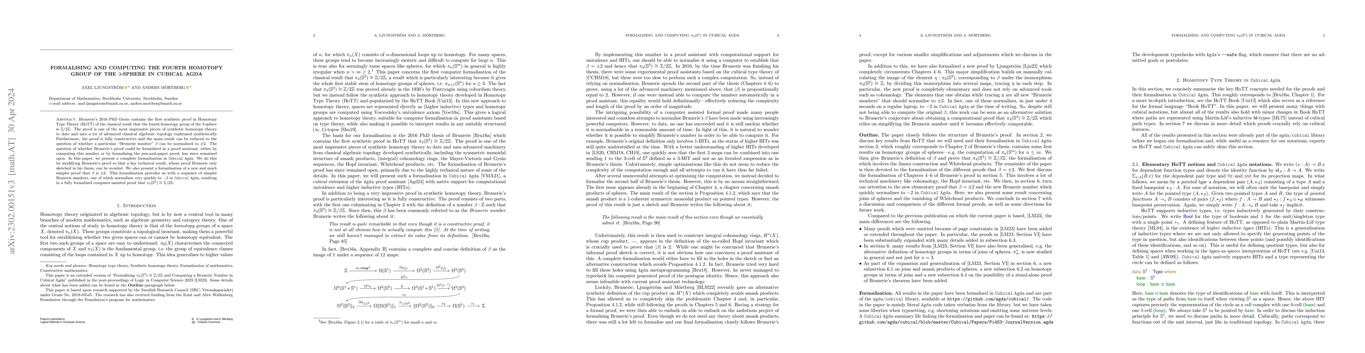 Thumbnail for Formalising and Computing the Fourth Homotopy Group of the $3$-Sphere in
  Cubical Agda