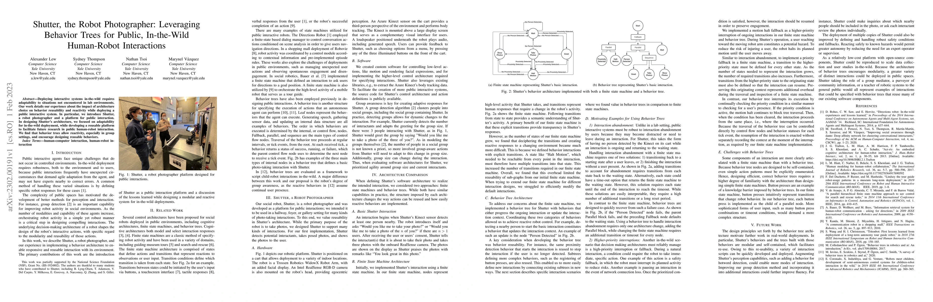 Thumbnail for Shutter, the Robot Photographer: Leveraging Behavior Trees for Public,
  In-the-Wild Human-Robot Interactions